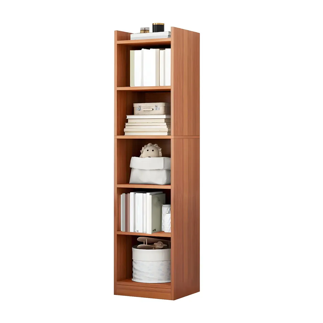 Vertical Tall Natural Wood 5-Shelf Corner Bookcase Image - 19
