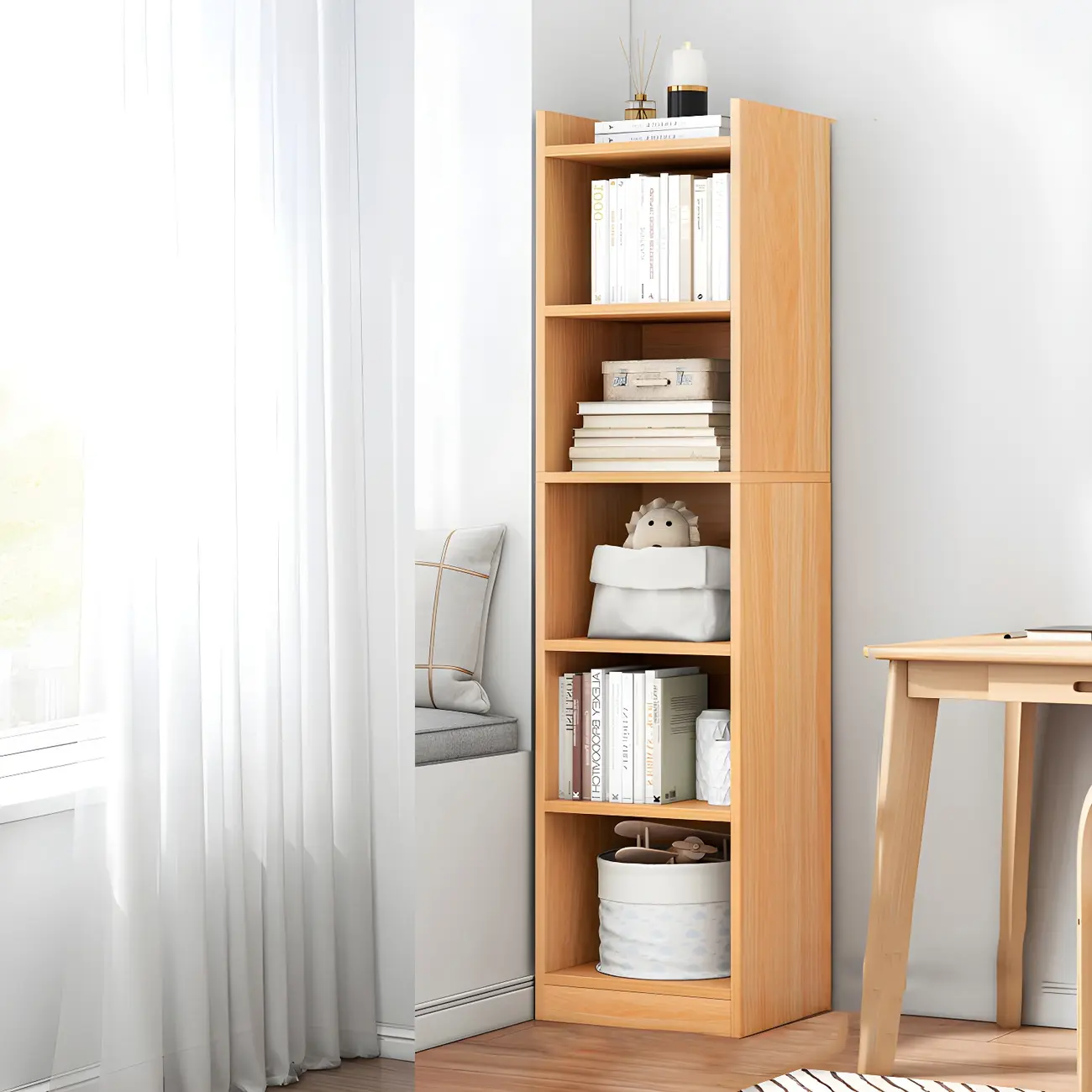 Vertical Tall Natural Wood 5-Shelf Corner Bookcase Image - 20 | homeyfad