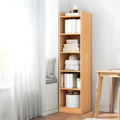 Vertical Tall Natural Wood 5-Shelf Corner Bookcase Image - 20
