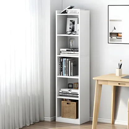 Vertical Tall Natural Wood 5-Shelf Corner Bookcase Image - 22