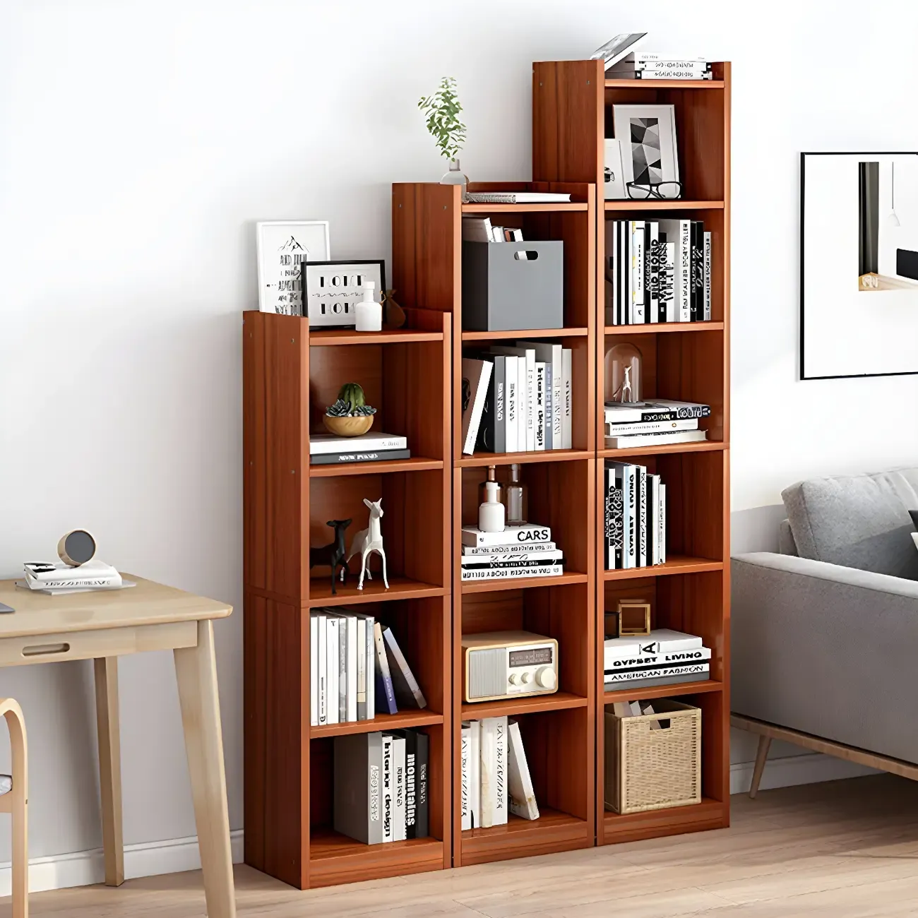 Vertical Tall Natural Wood 5-Shelf Corner Bookcase Image - 23