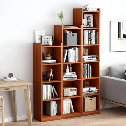 Vertical Tall Natural Wood 5-Shelf Corner Bookcase Image - 23