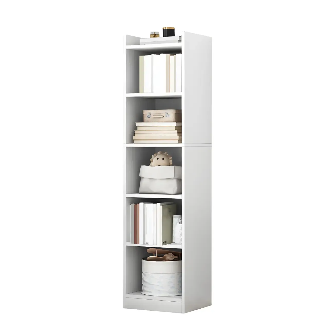 Vertical Tall Natural Wood 5-Shelf Corner Bookcase Image - 30