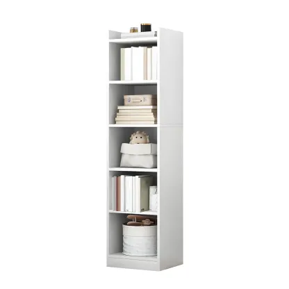 Vertical Tall Natural Wood 5-Shelf Corner Bookcase Image - 30