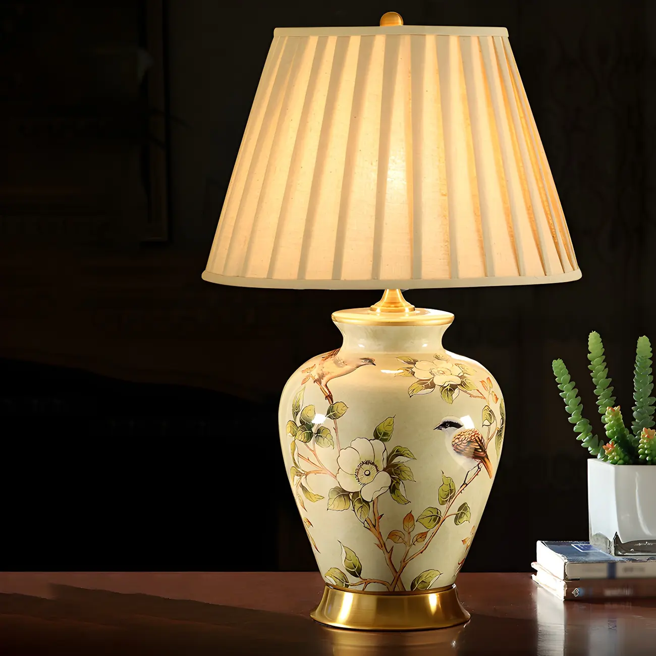Traditional Light Yellow Fabric Shade Floral Ceramic Table Lamp Image - 1 | homeyfad