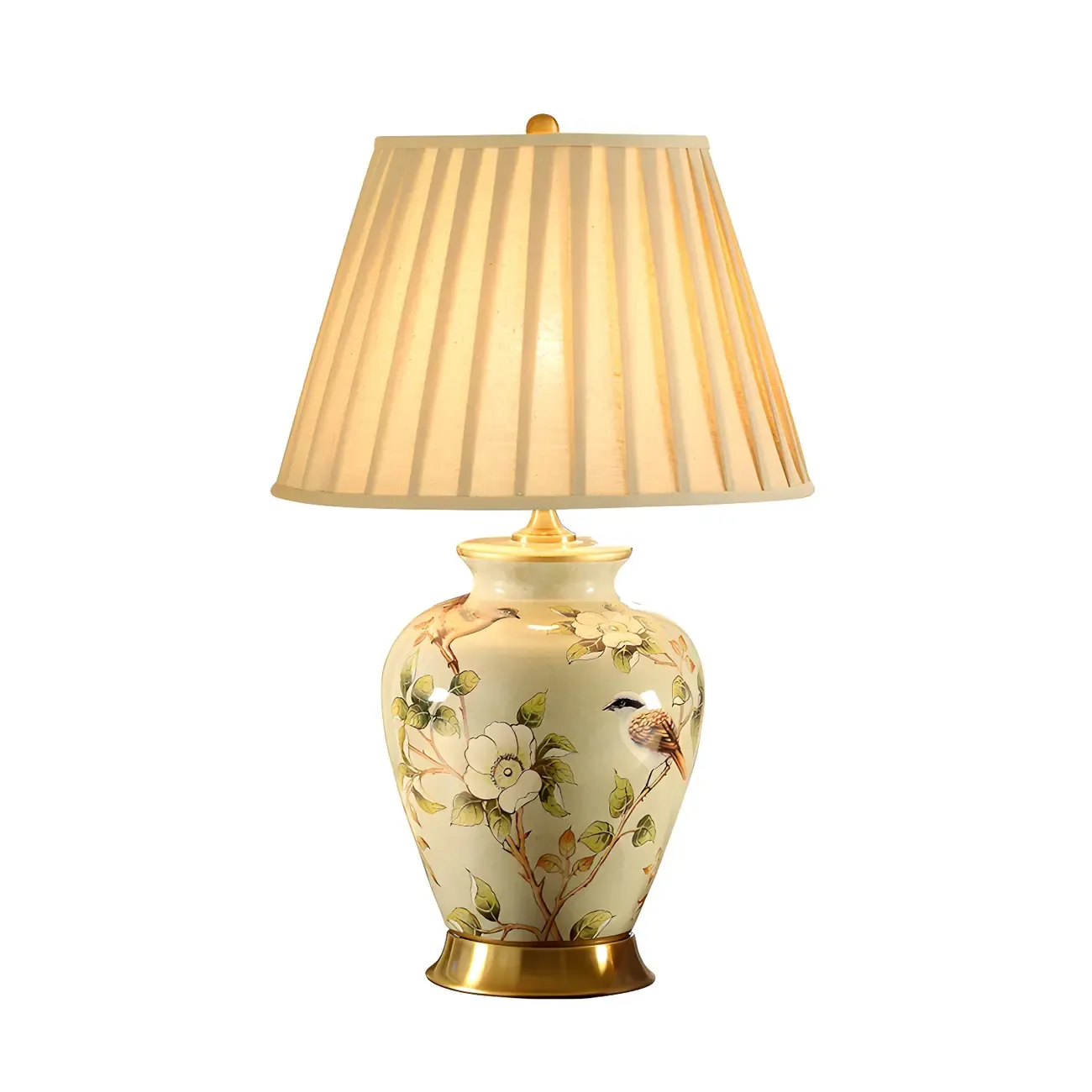 Classical Light Yellow Fabric Shade Floral Ceramic Table Lamp | HomeyFad