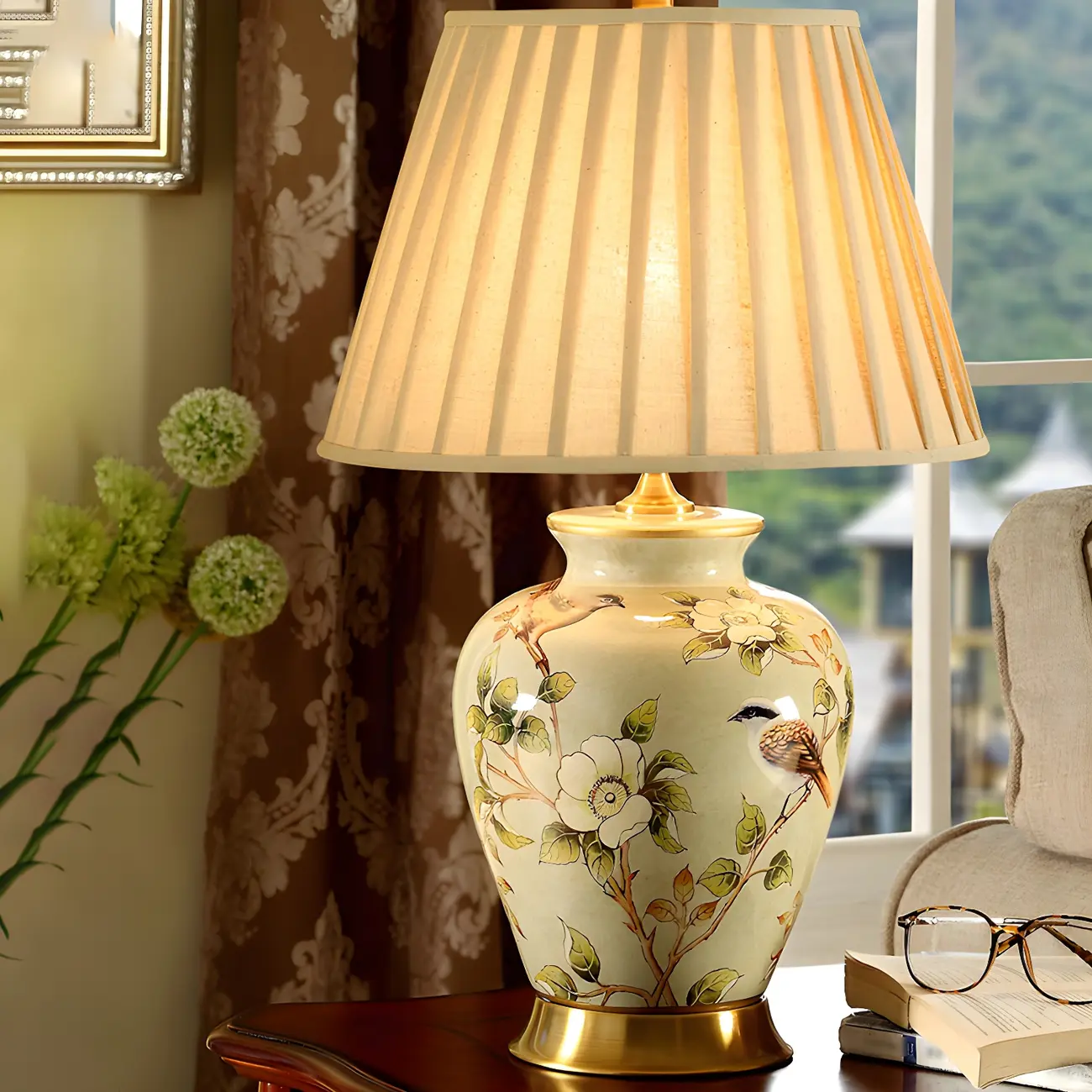 Traditional Light Yellow Fabric Shade Floral Ceramic Table Lamp Image - 3 | homeyfad