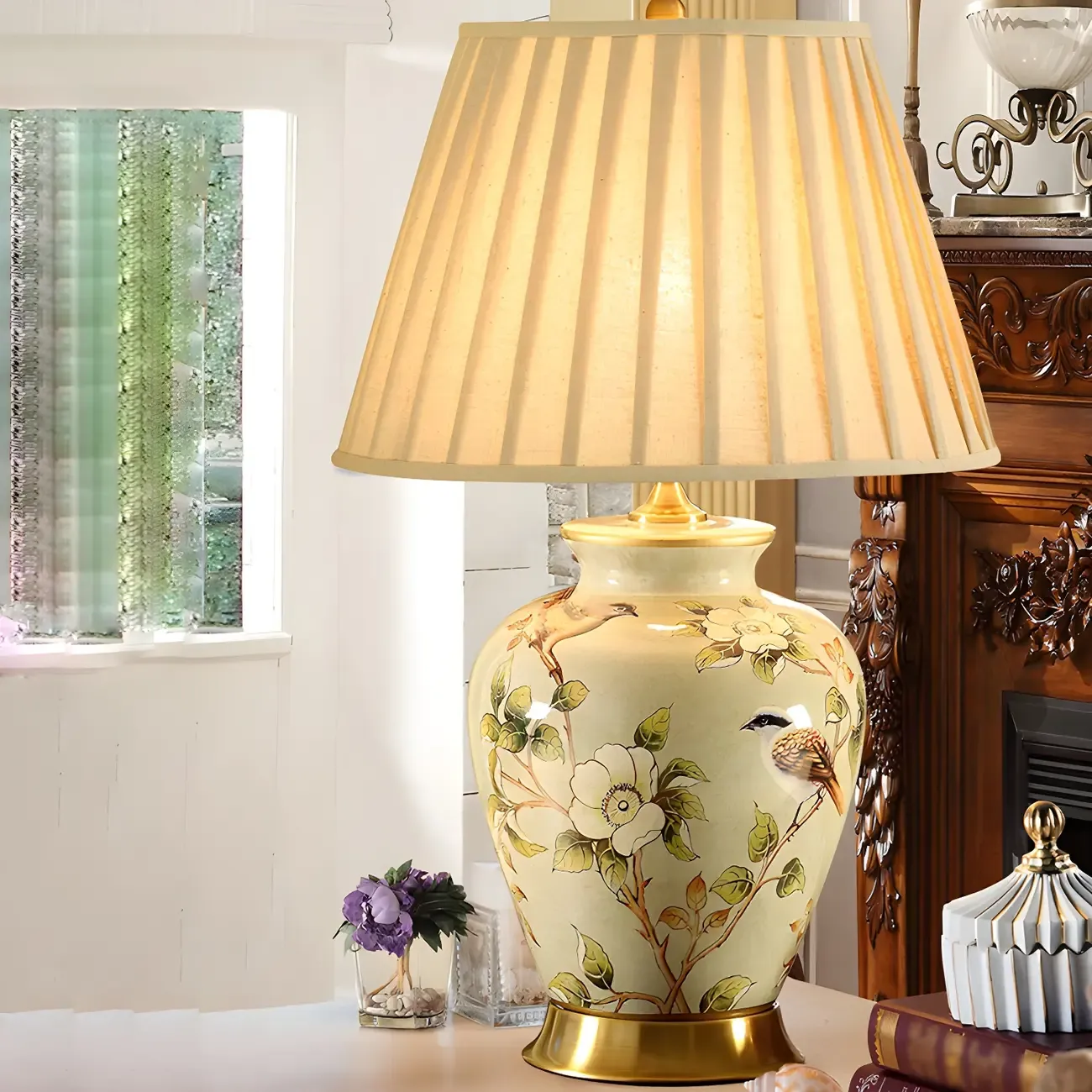 Traditional Light Yellow Fabric Shade Floral Ceramic Table Lamp Image - 2