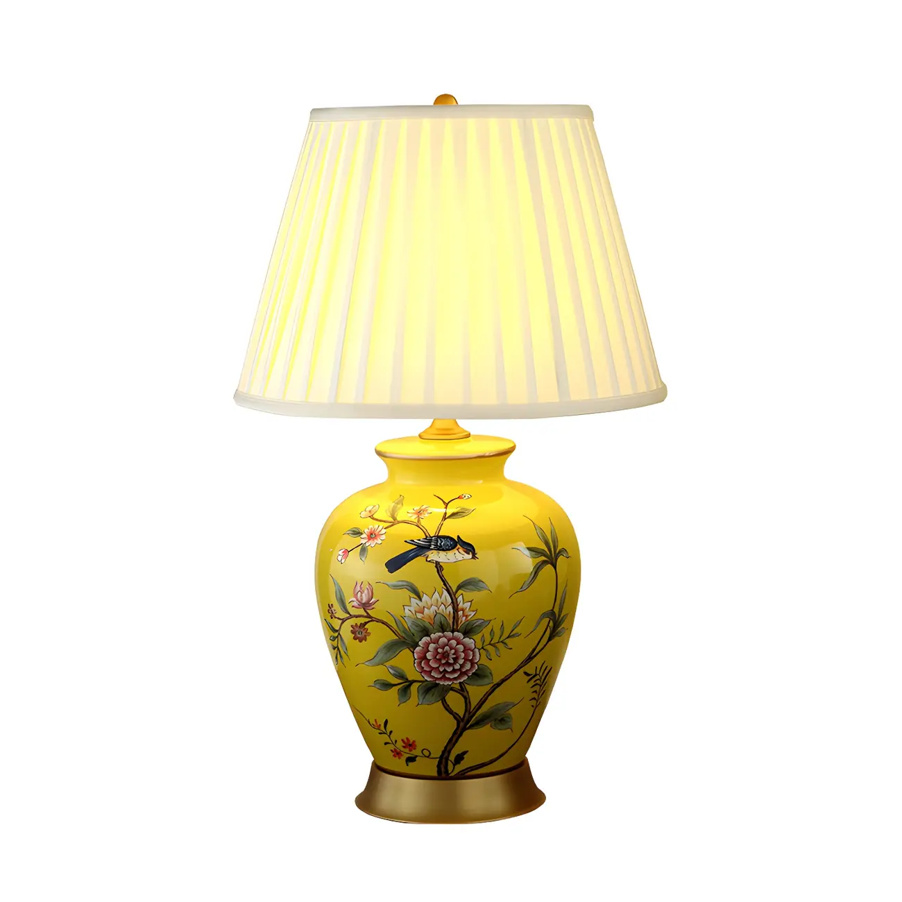 Traditional Light Yellow Fabric Shade Floral Ceramic Table Lamp Image - 8 | homeyfad