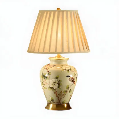 Traditional Light Yellow Fabric Shade Floral Ceramic Table Lamp Image - 10