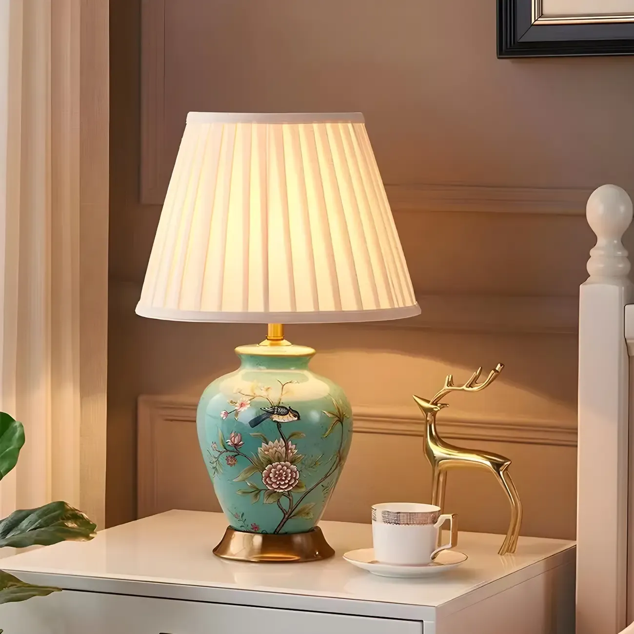 Traditional Light Yellow Fabric Shade Floral Ceramic Table Lamp Image - 7