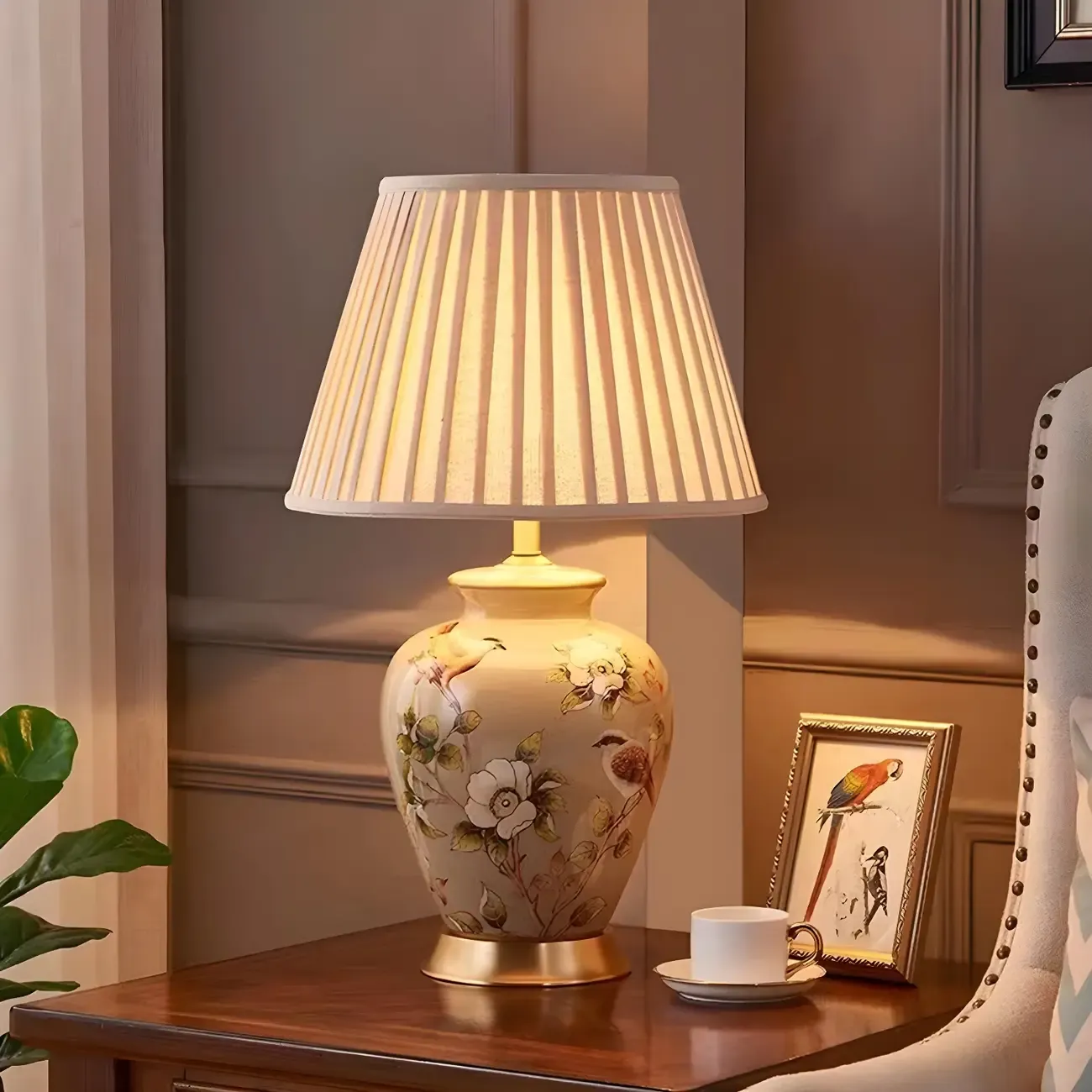 Traditional Light Yellow Fabric Shade Floral Ceramic Table Lamp Image - 9