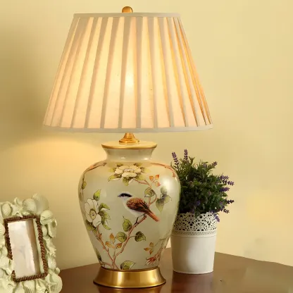 Traditional Light Yellow Fabric Shade Floral Ceramic Table Lamp Image - 11