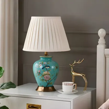 Traditional Light Yellow Fabric Shade Floral Ceramic Table Lamp Image - 4