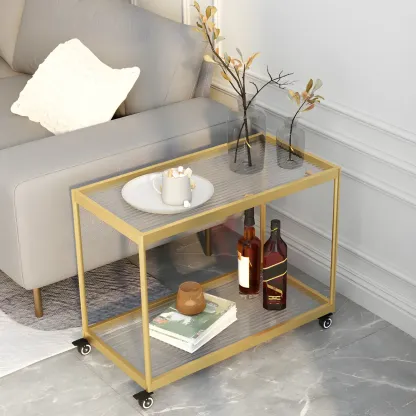 Gold Glass Rectangular Top Shelf Side Table on Wheels Image - 1