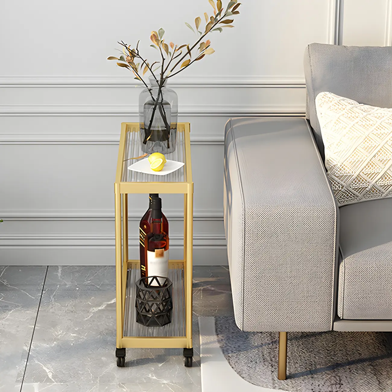Gold Glass Rectangular Top Shelf Side Table on Wheels Image - 5 | homeyfad