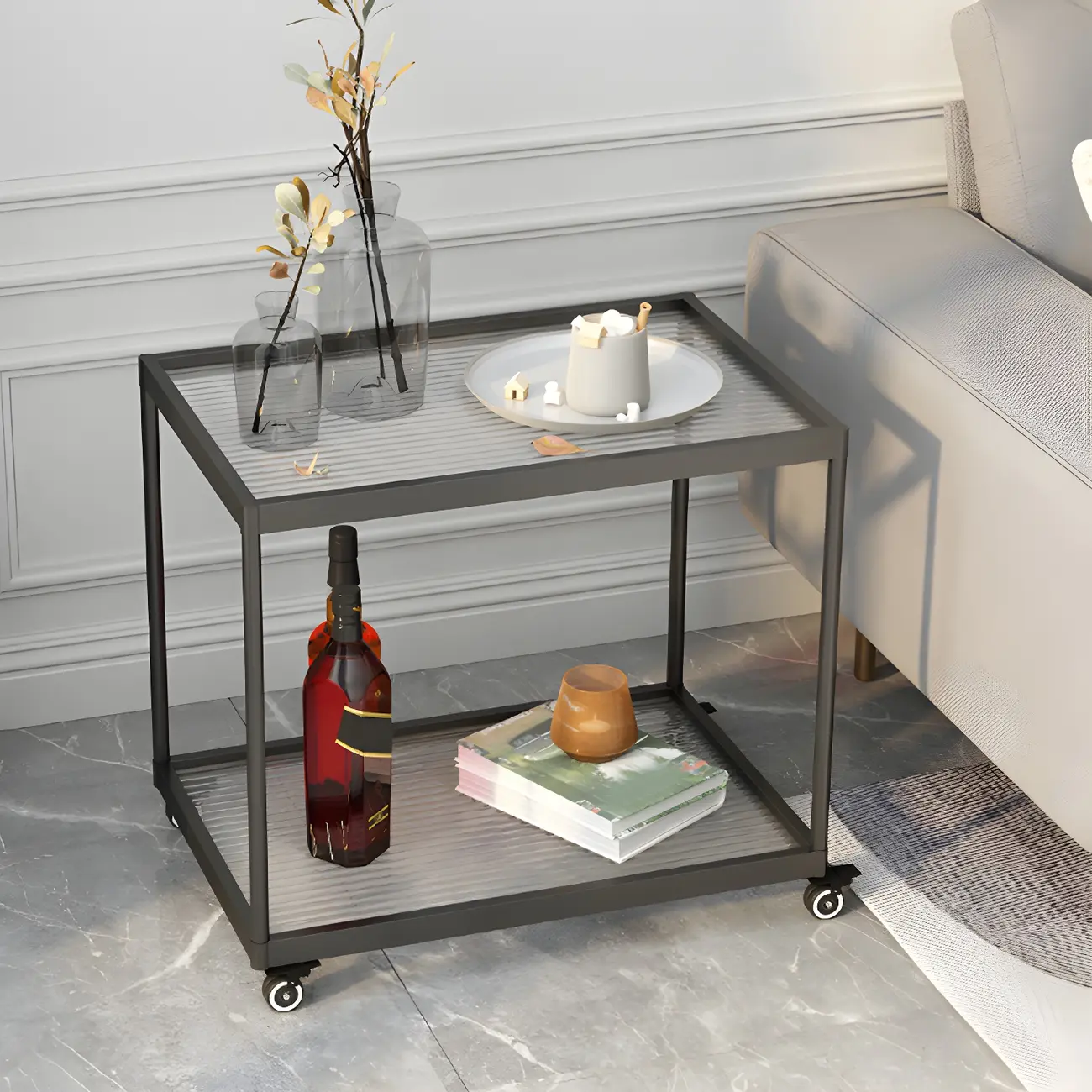 Gold Glass Rectangular Top Shelf Side Table on Wheels Image - 3 | homeyfad