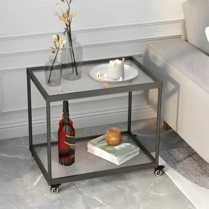 Gold Glass Rectangular Top Shelf Side Table on Wheels Image - 3