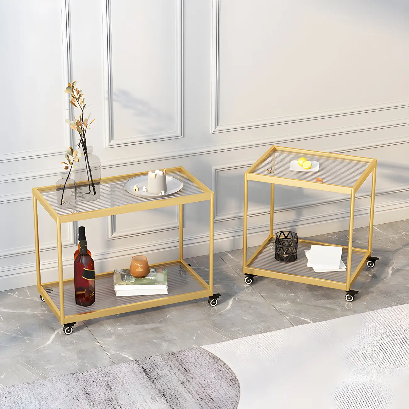 Gold Glass Rectangular Top Shelf Side Table on Wheels Image - 4 | homeyfad