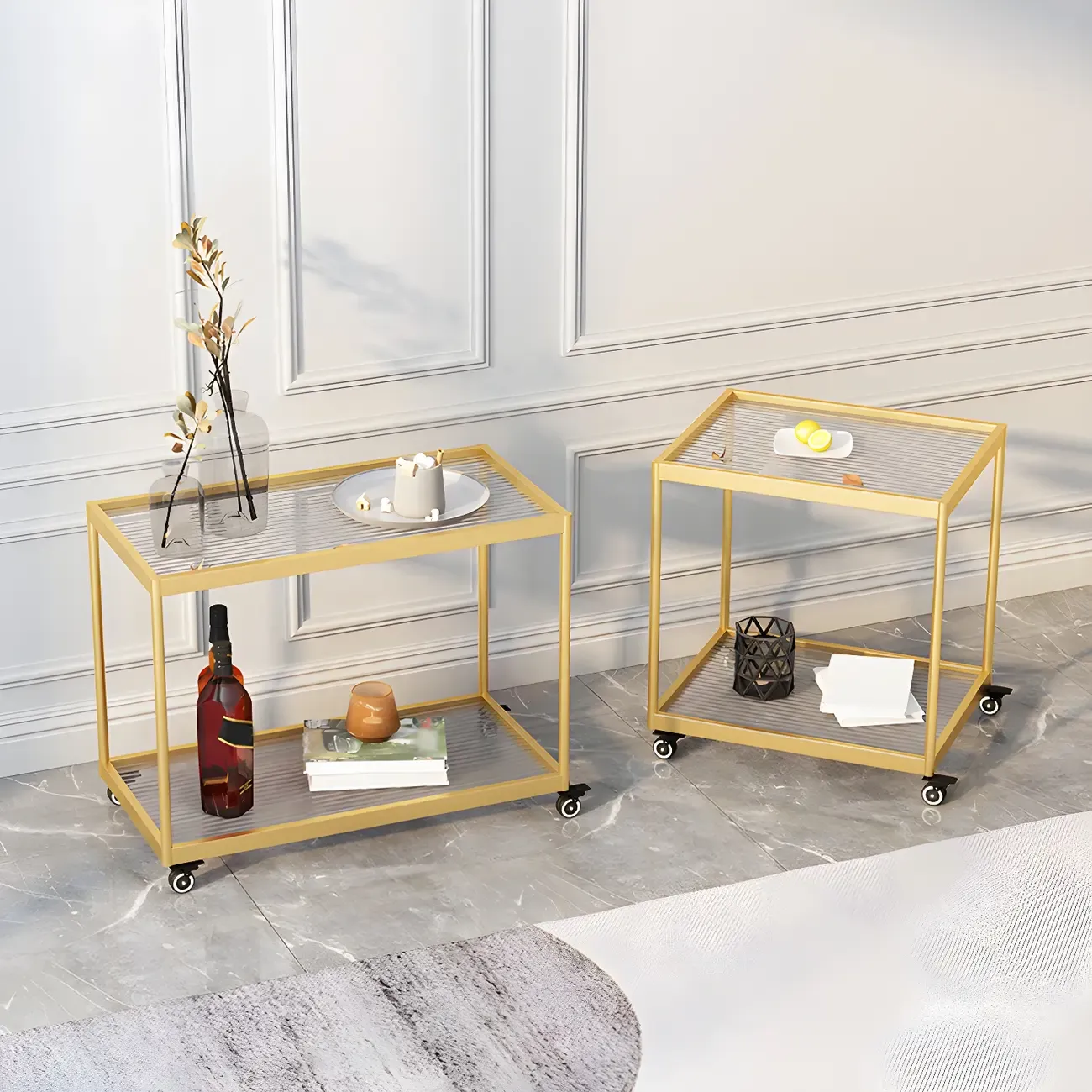 Gold Glass Rectangular Top Shelf Side Table on Wheels Image - 4