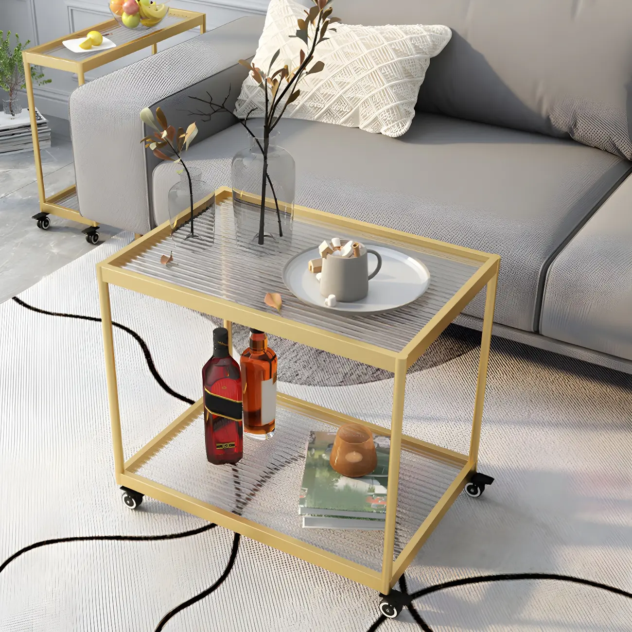 Gold Glass Rectangular Top Shelf Side Table on Wheels Image - 2 | homeyfad