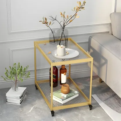 Gold Glass Rectangular Top Shelf Side Table on Wheels Image - 7