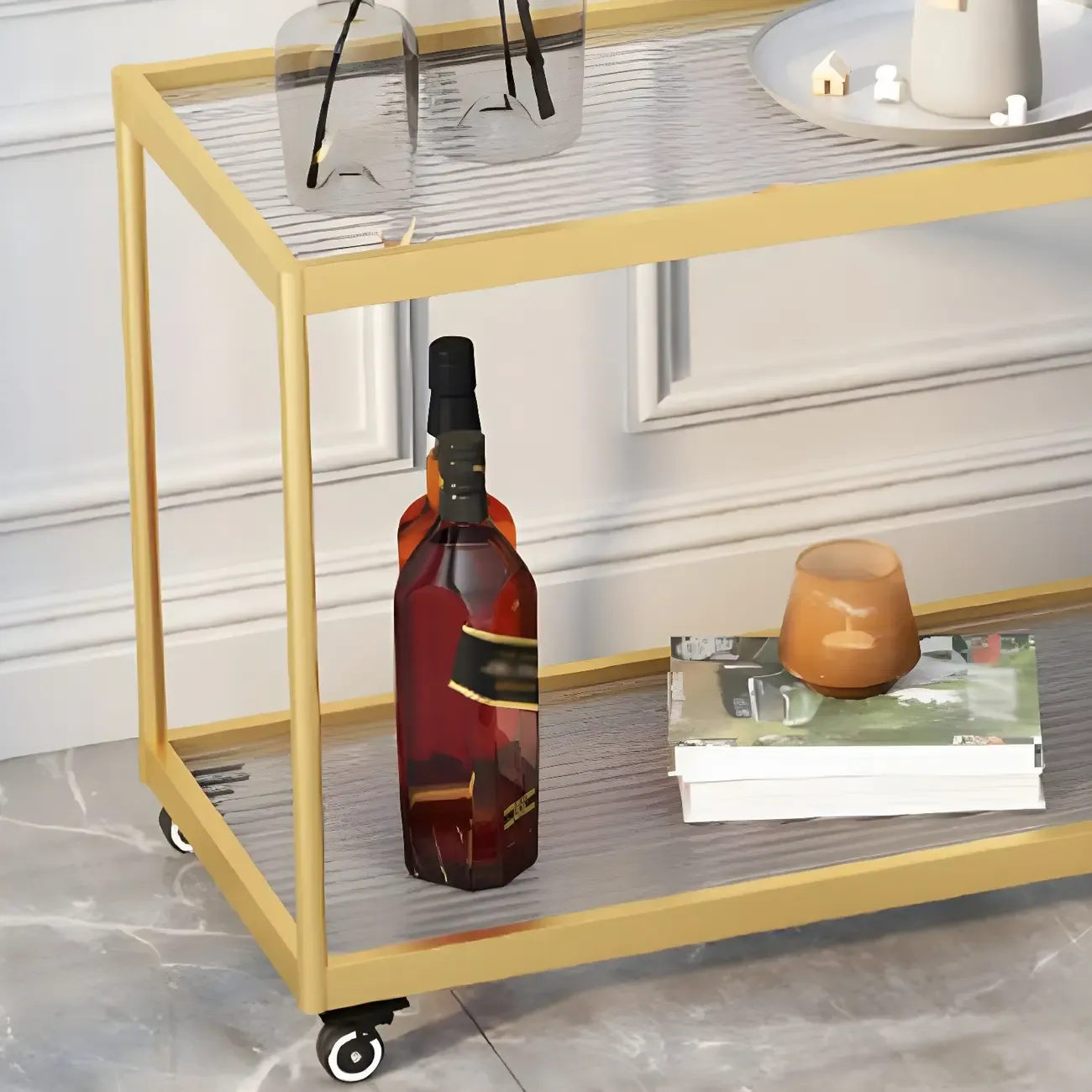 Gold Glass Rectangular Top Shelf Side Table on Wheels Image - 12