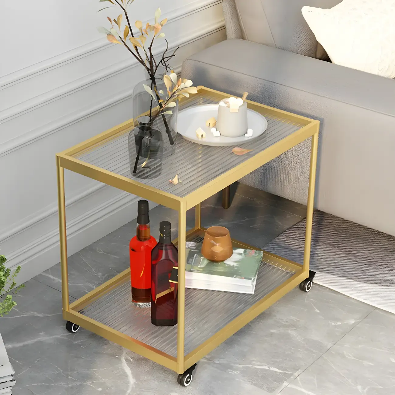 Gold Glass Rectangular Top Shelf Side Table on Wheels Image - 6