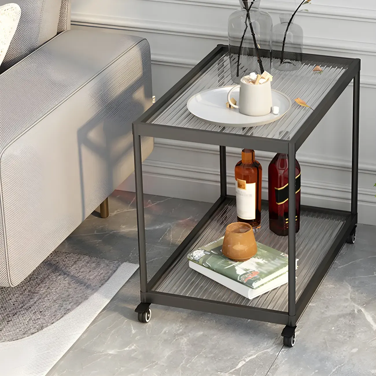 Gold Glass Rectangular Top Shelf Side Table on Wheels Image - 8