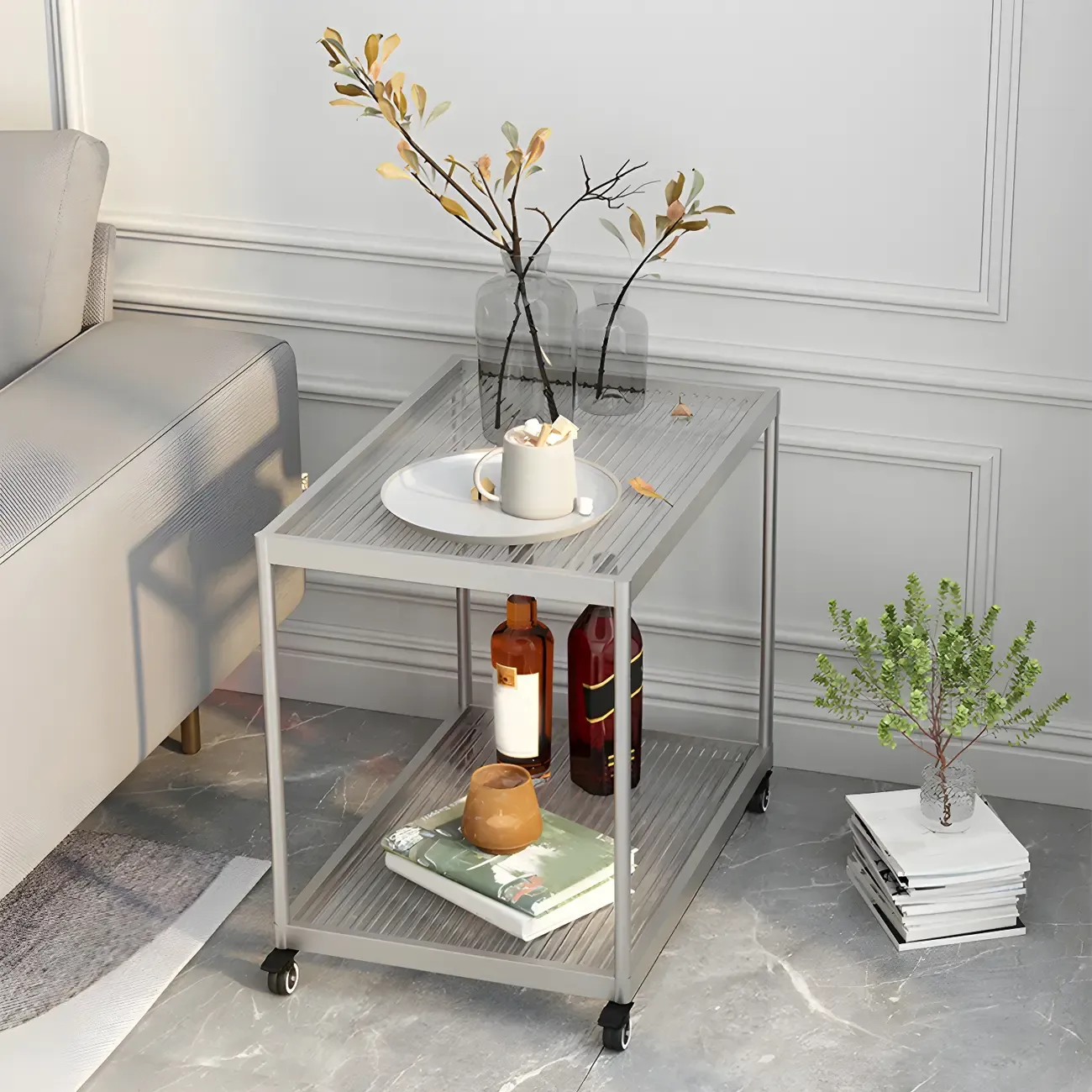 Gold Glass Rectangular Top Shelf Side Table on Wheels Image - 10