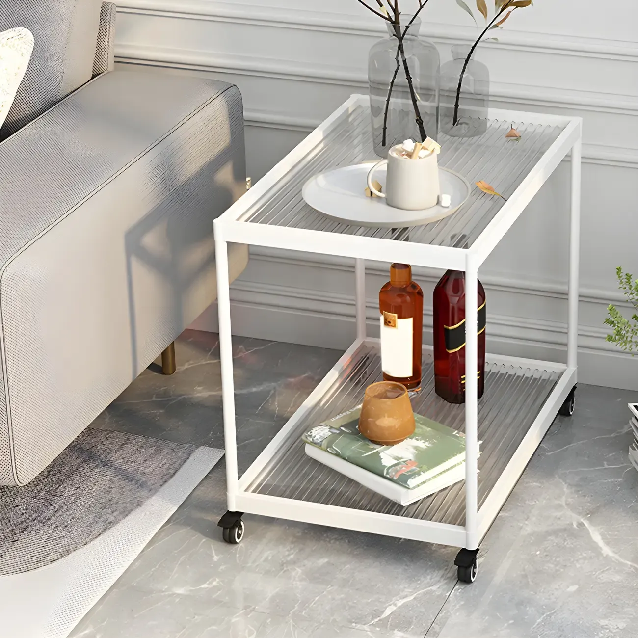 Gold Glass Rectangular Top Shelf Side Table on Wheels Image - 9