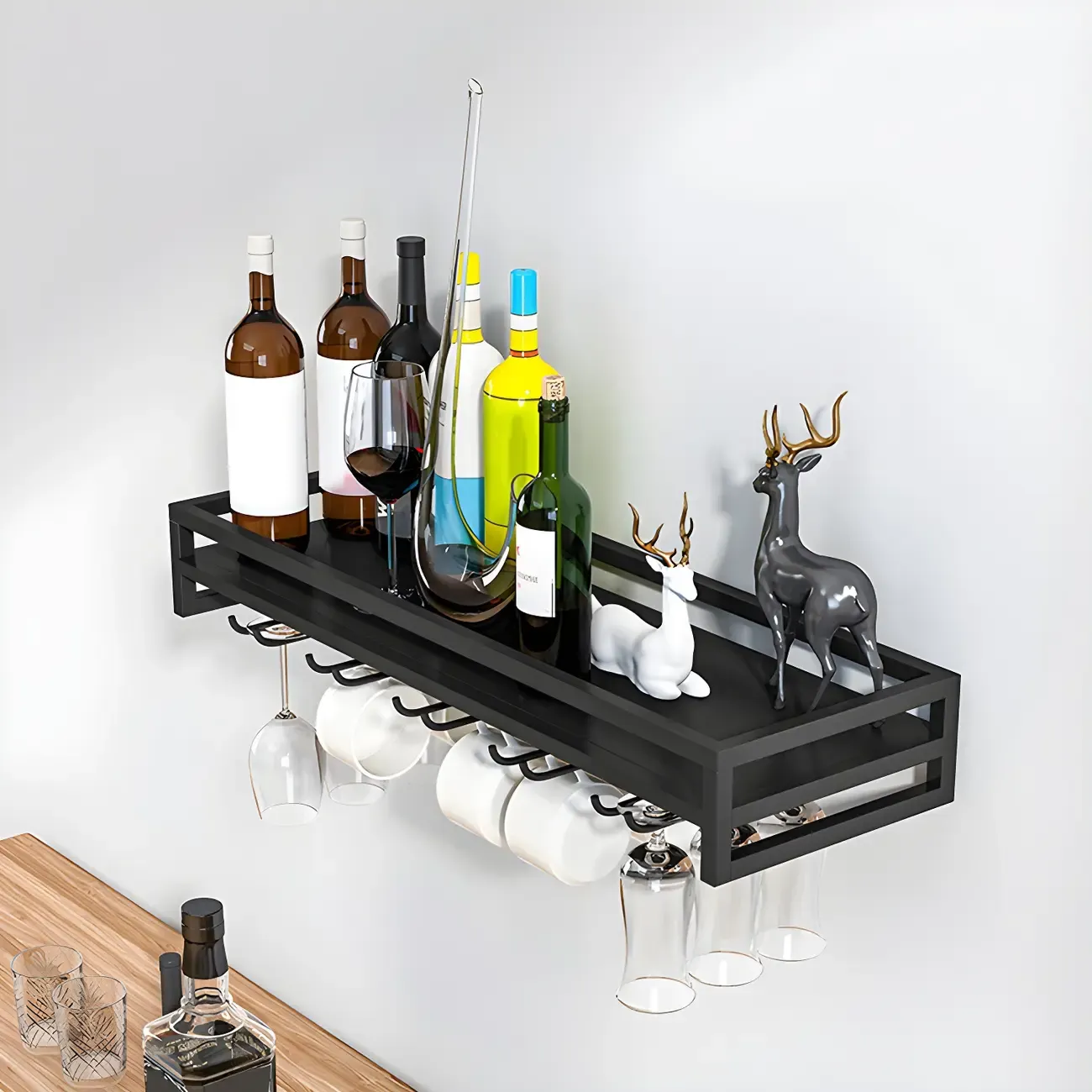 Glam Metal Wine Rack Black Wall Mounted with Holder Image - 1