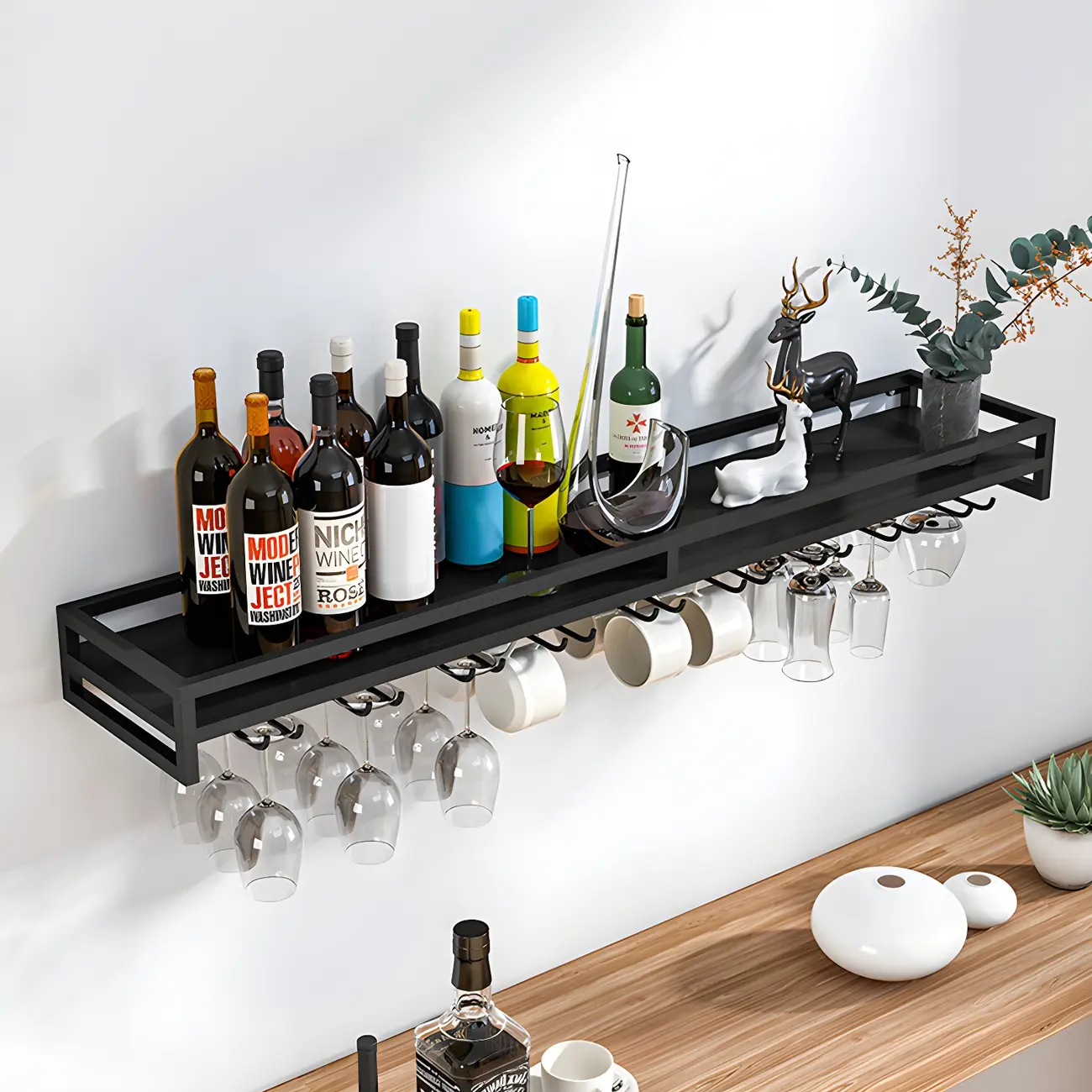Glam Metal Wine Rack Black Wall Mounted with Holder Image - 17 | homeyfad