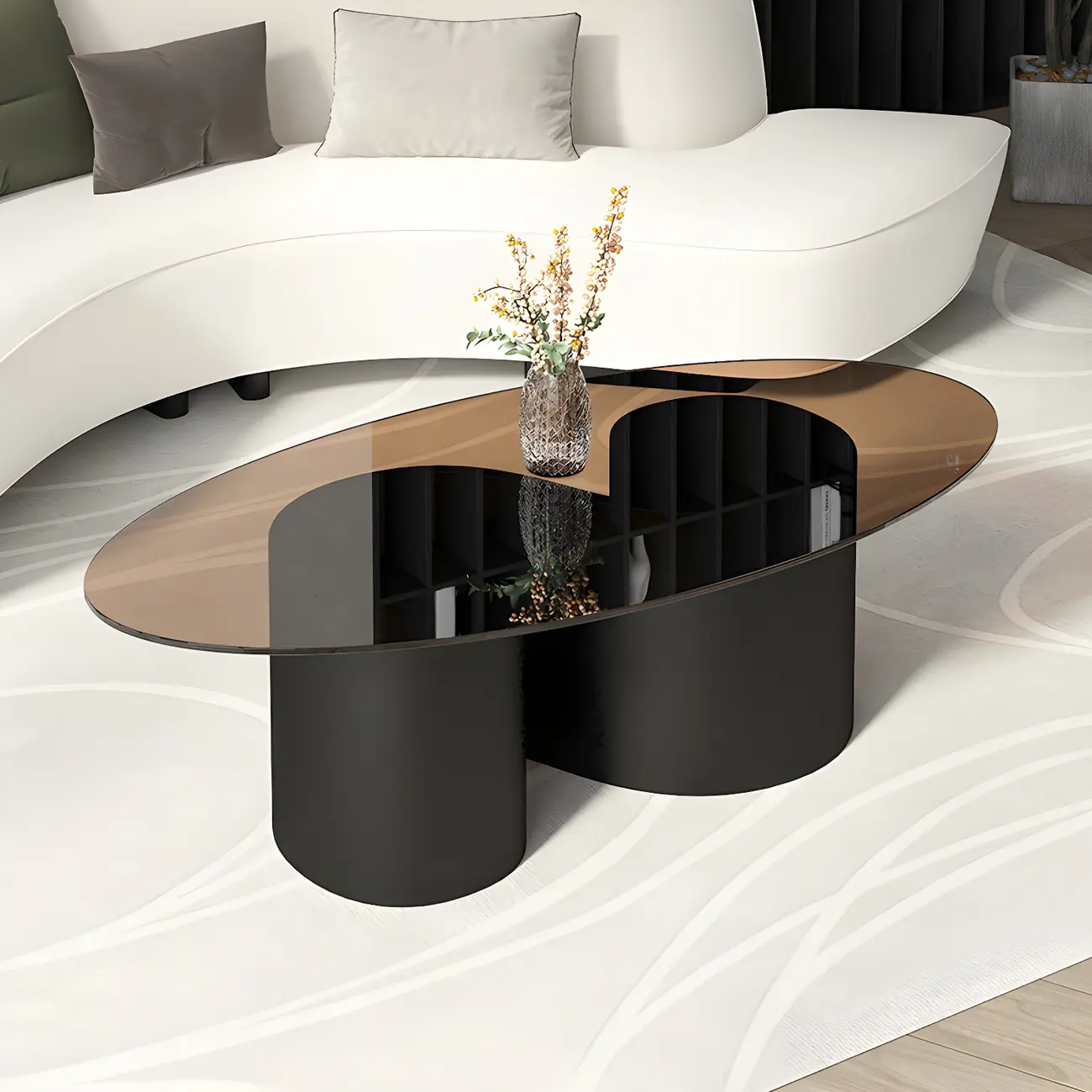 Modern Oval Glass Top Metal Base Coffee Table Image - 2 | homeyfad
