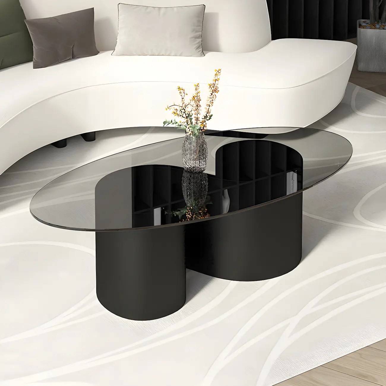 Modern Oval Glass Top Metal Base Coffee Table Image - 3 | homeyfad