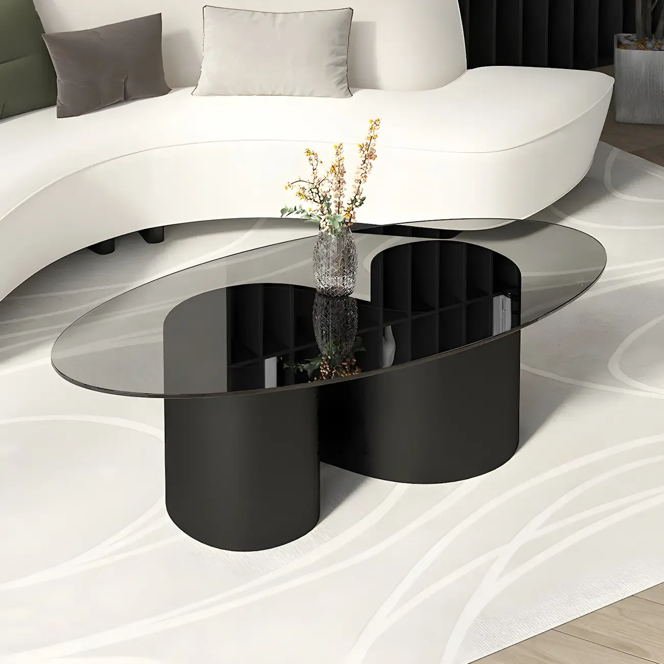 Modern Oval Glass Top Metal Base Coffee Table Image - 3