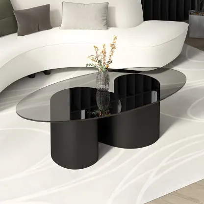 Modern Oval Glass Top Metal Base Coffee Table Image - 3