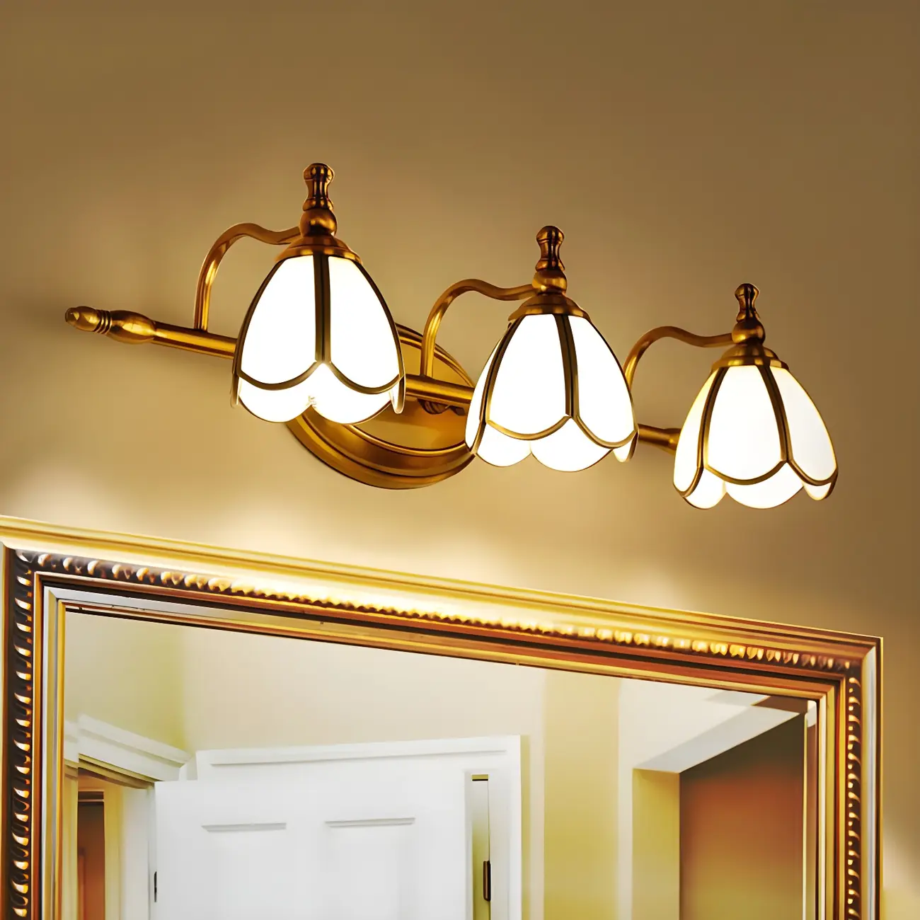 Vintage Brass 3-Light Floral Vanity Mirror Lamp Image - 1 | homeyfad