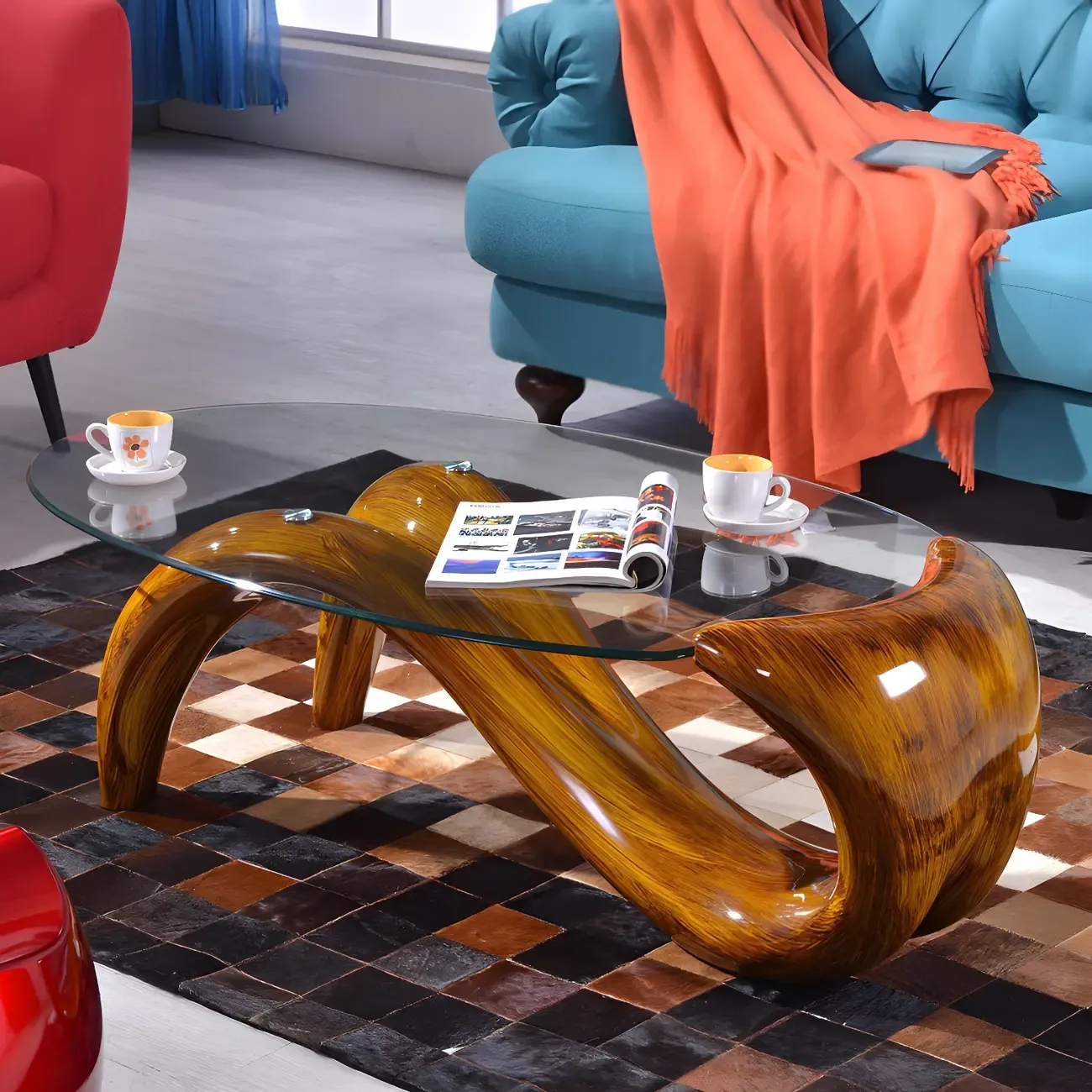Abstract Modern Oval Glass Top Metal Base Coffee Table Image - 1
