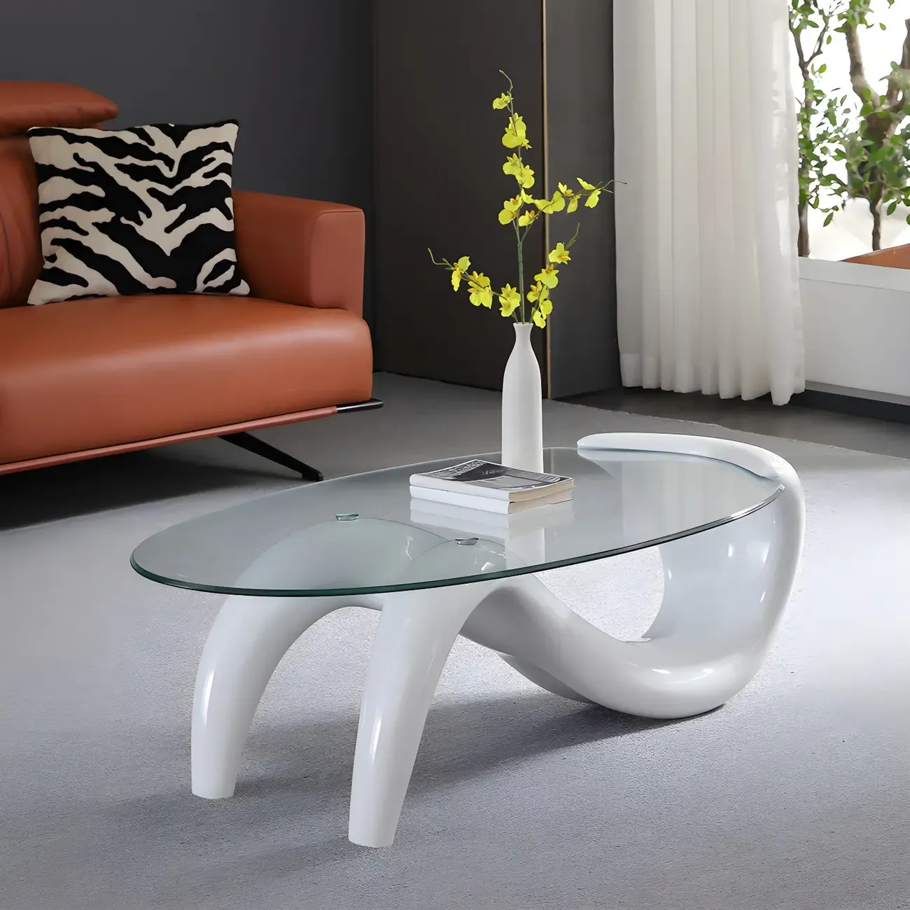 Abstract Modern Oval Glass Top Metal Base Coffee Table Image - 2