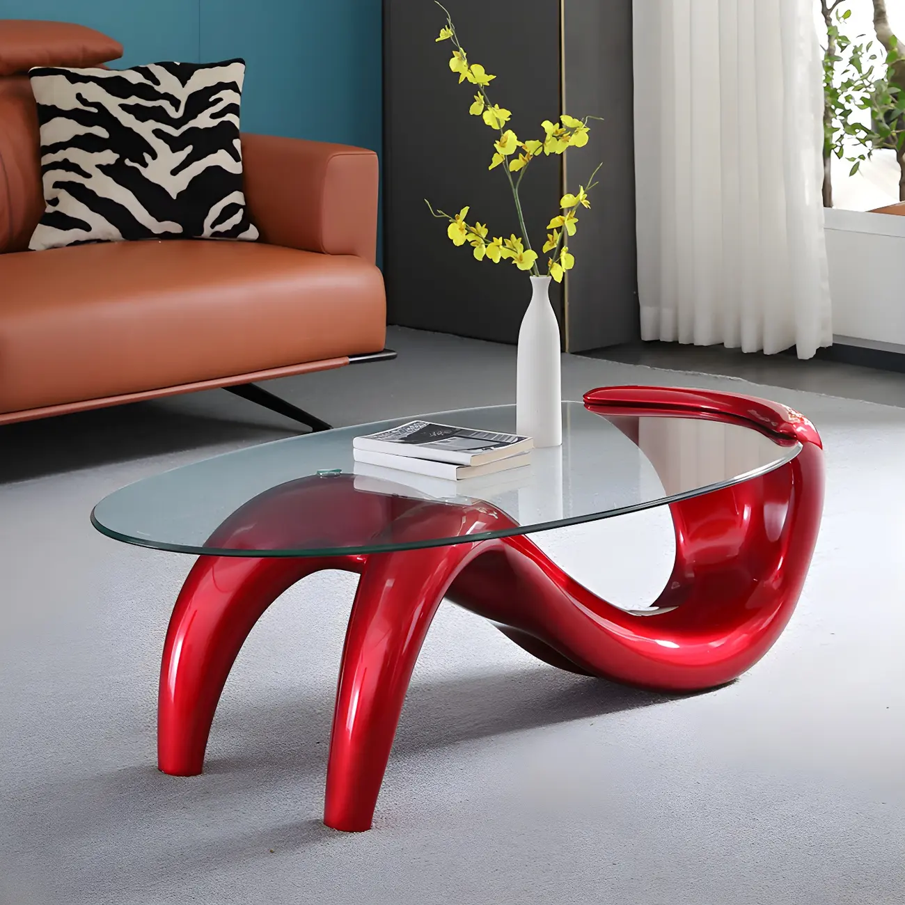 Abstract Modern Oval Glass Top Metal Base Coffee Table Image - 4 | homeyfad