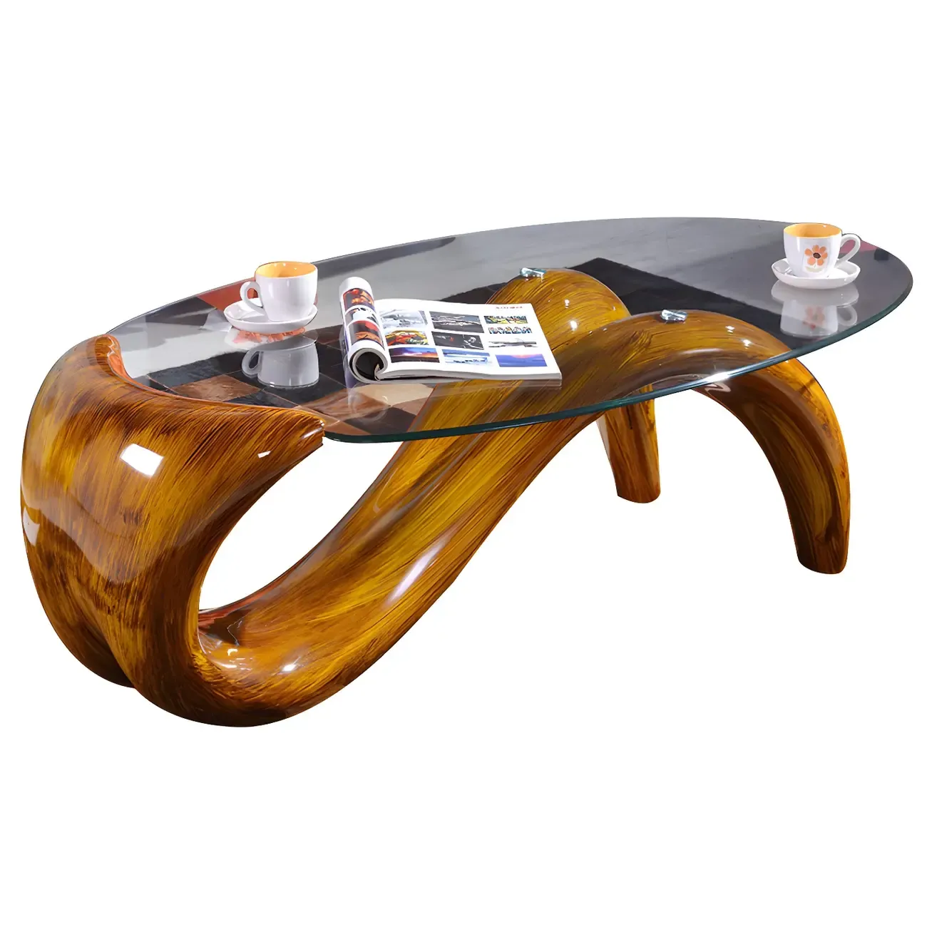 Abstract Modern Oval Glass Top Metal Base Coffee Table Image - 5