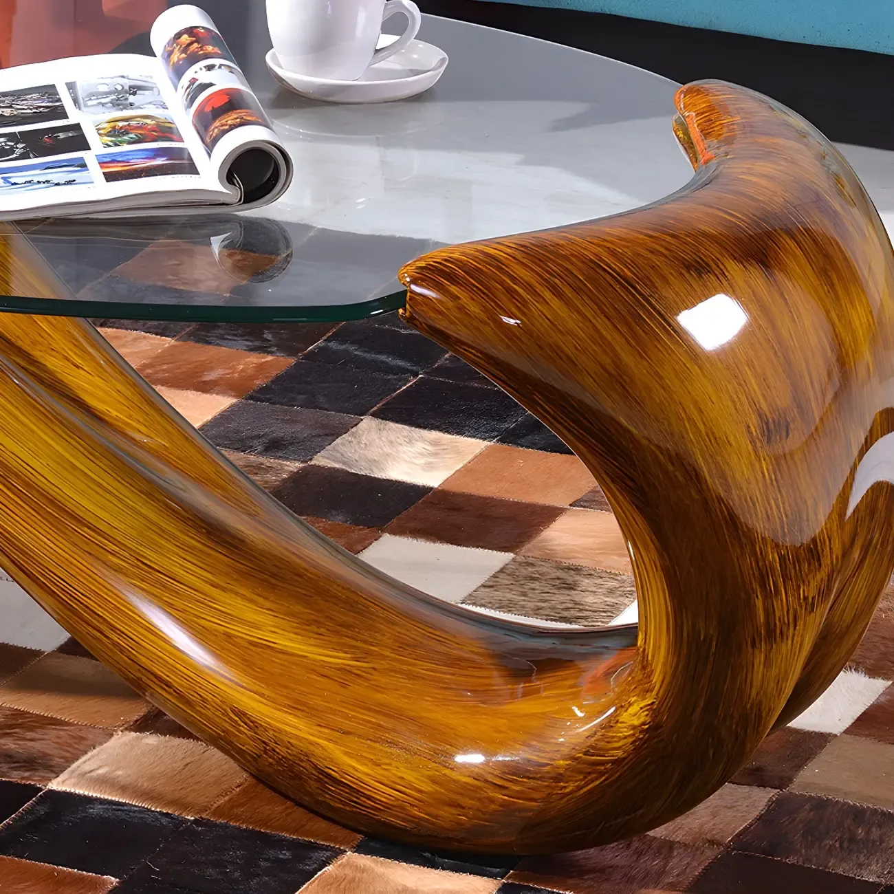 Abstract Modern Oval Glass Top Metal Base Coffee Table Image - 9