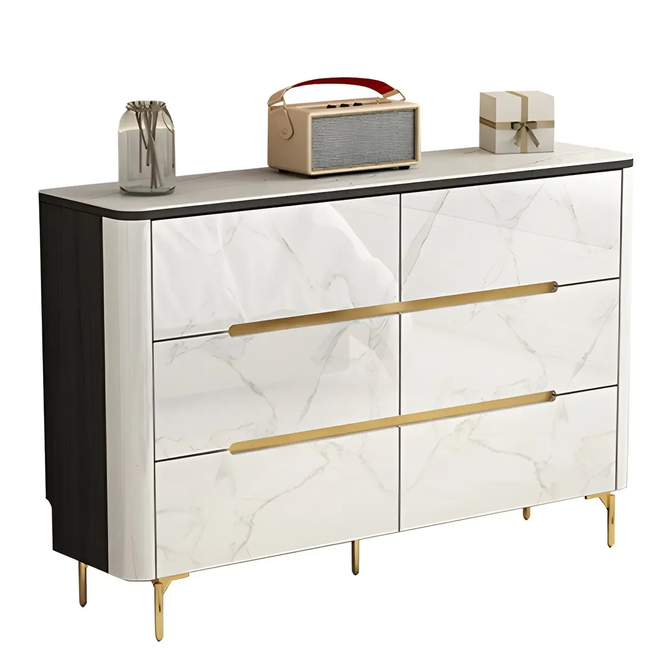 Stylish White Wooden Dresser with Stone Top & Metal Legs Image - 5