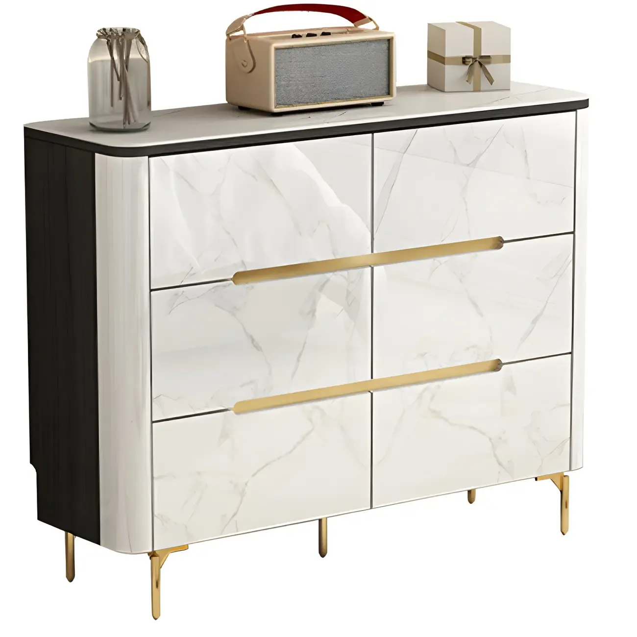 Stylish White Wooden Dresser with Stone Top & Metal Legs Image - 11