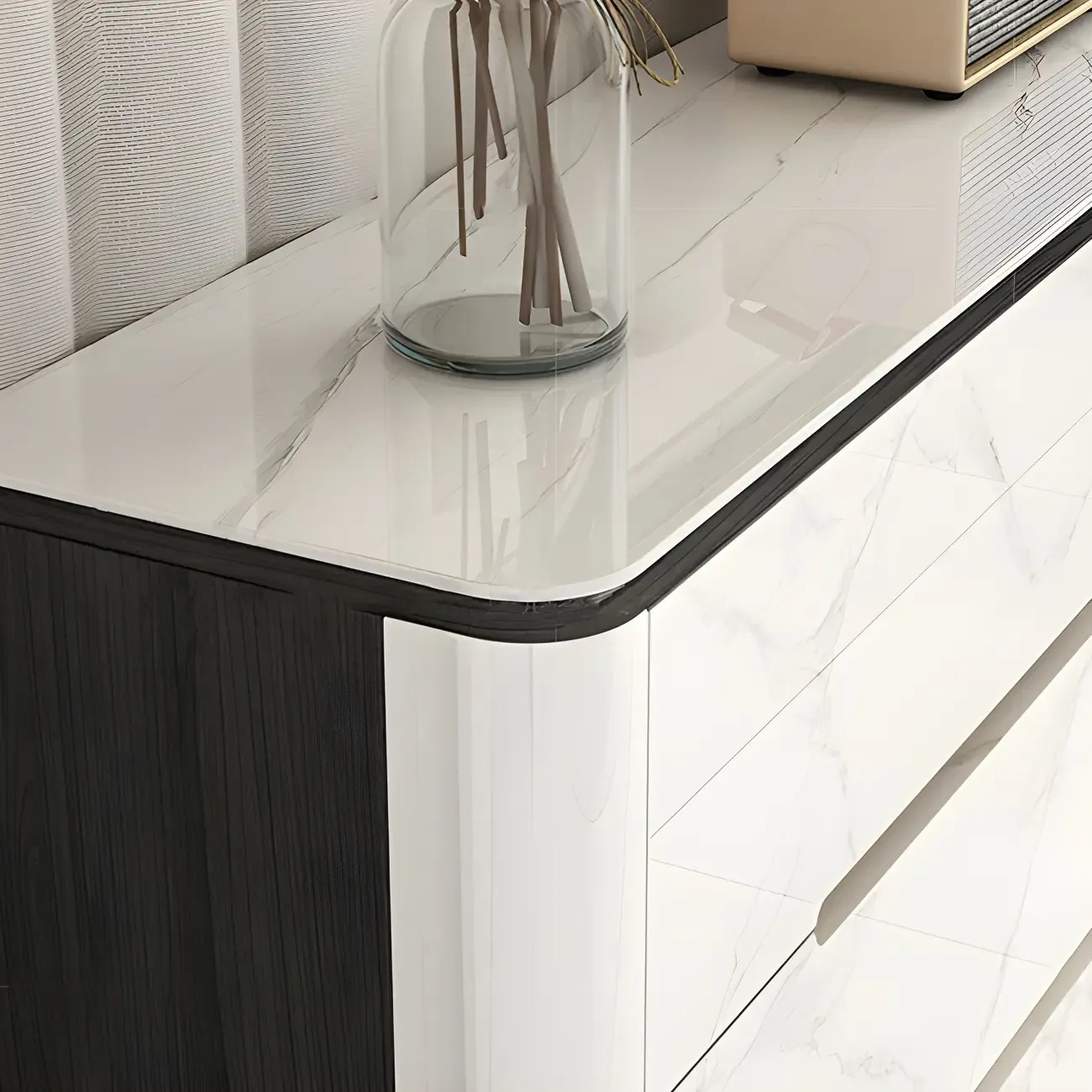 Stylish White Wooden Dresser with Stone Top & Metal Legs Image - 8