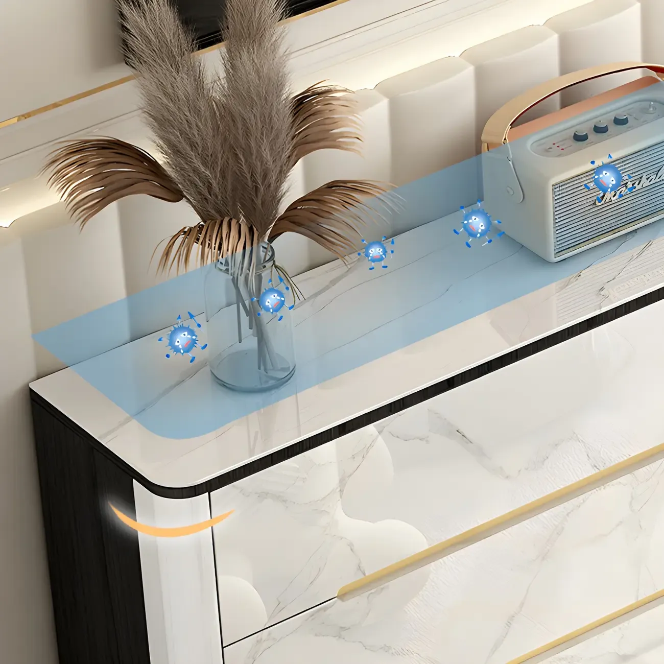 Stylish White Wooden Dresser with Stone Top & Metal Legs Image - 14
