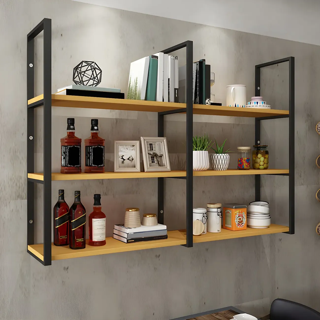 Industrial Wall-Mounted 3-Tier Wood Display Shelf Image - 1