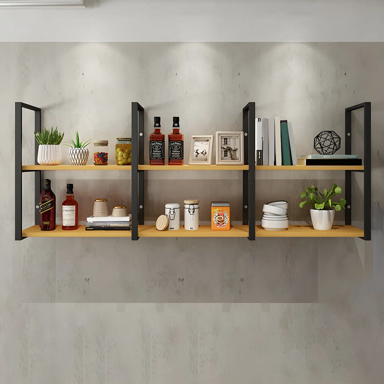 Industrial Wall-Mounted 3-Tier Wood Display Shelf Image - 2 | homeyfad