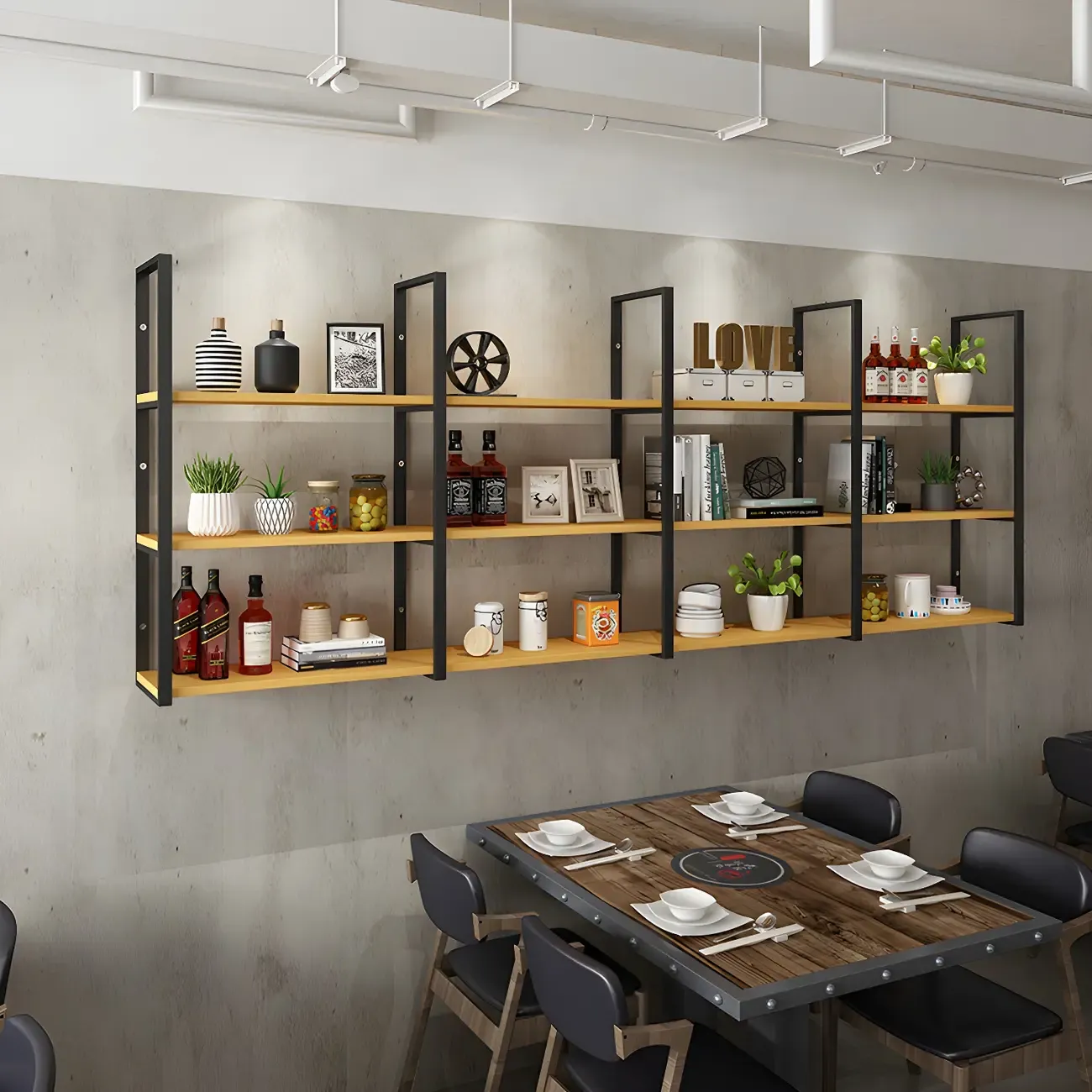 Industrial Wall-Mounted 3-Tier Wood Display Shelf Image - 6